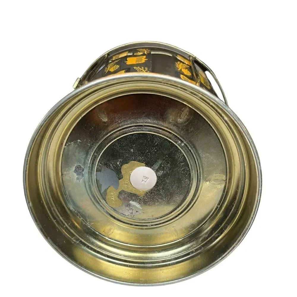 Vintage Hazel Atlas Black Gold Leaf Botanical Glass Ice Bucket MCM w/metal Frame